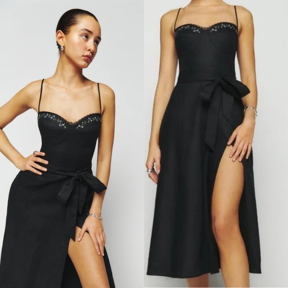 Reformation Dresses & Skirts - Reformation Kieryn Linen Midi Dress Black Floral Embroidered 4 NO BELT